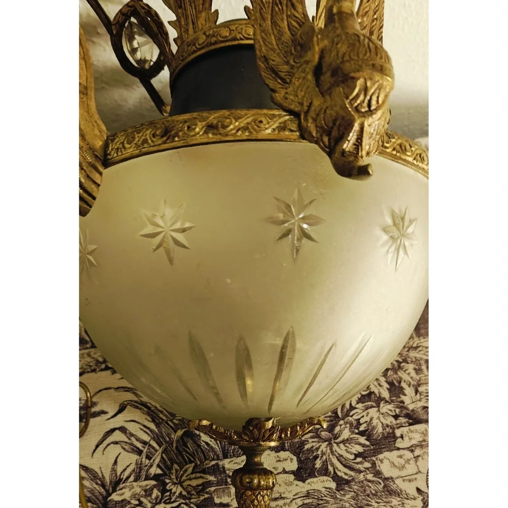 Vintage/Antique Art Deco Empire pendant Swan Frosted Light Fixture Gold Gilt